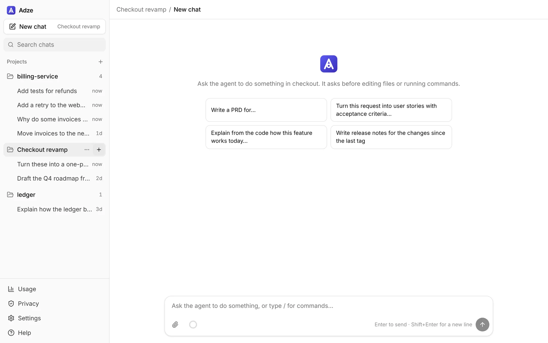 An empty chat for the Product Manager persona, offering to write a PRD, user stories or release notes